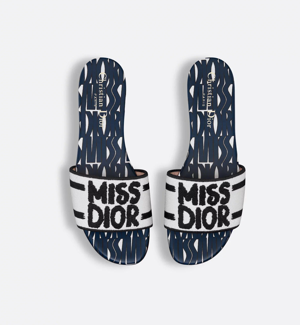 Dway Pathway Slide – the white cotton upper is embroidered with the black Miss Graffiti signature – LUX VERSE Luxury Designer Fashion Outlet