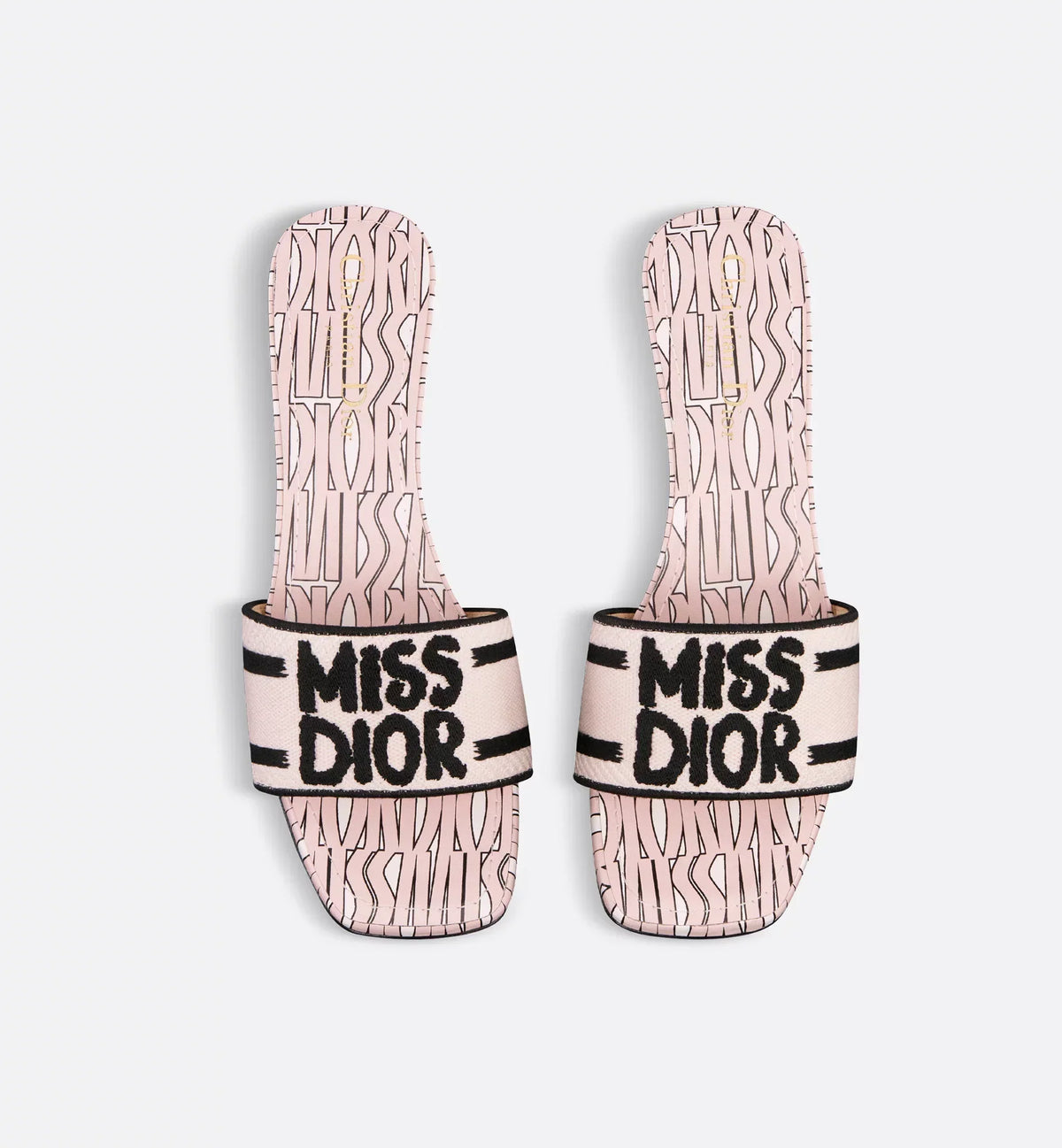 Dway Heeled Slide Pale Pink – the pale pink cotton upper is embroidered with the black Miss Graffiti signature – LUX VERSE Luxury Designer Fashion Outlet
