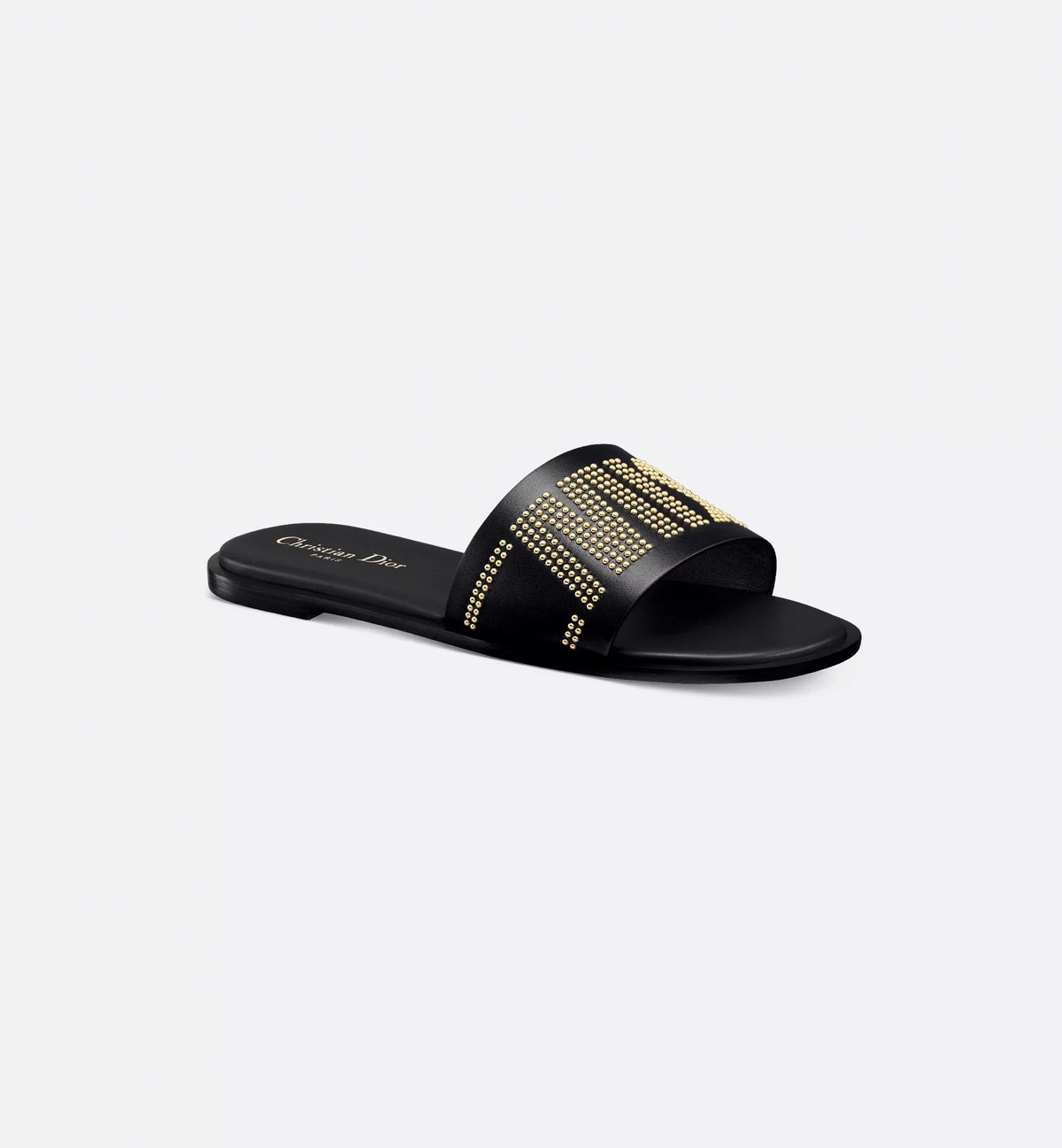 Dway Calfskin Slide – the black calfskin upper features a gold-finish studded Miss on one foot and on – LUX VERSE Luxury Designer Fashion Outlet