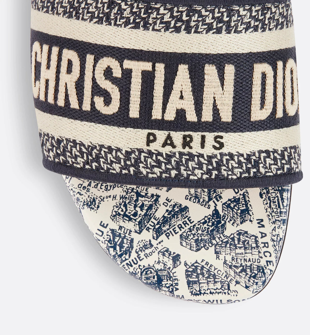 Dway Slide Paris Motif – the white and navy blue cotton upper, embroidered with the Christian Paris – LUX VERSE Luxury Designer Fashion Outlet