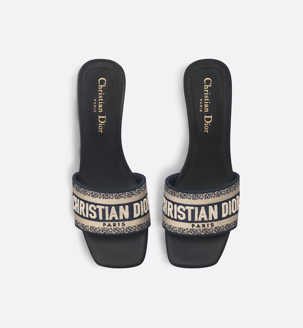 Dway Heeled Cotton Embroidered Slide – the deep blue cotton upper is embroidered with the instantly recognizable Christian – LUX VERSE Luxury Designer Fashion Outlet