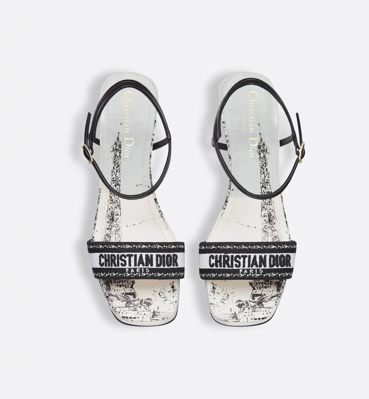 Dway Heeled Sandal Paris Motif – the style features the collection's signature Paris motif in white and black, – LUX VERSE Luxury Designer Fashion Outlet