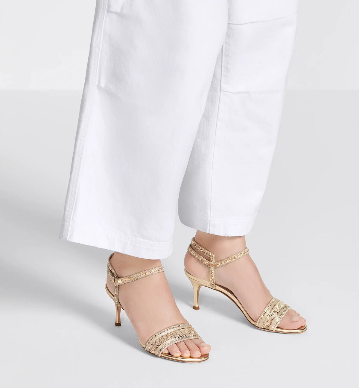 Dway Chic Heel Sandal – crafted in cotton embroidered with metallic thread and further adorned – LUX VERSE Luxury Designer Fashion Outlet
