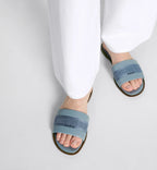 Dway emblematic Slide – the upper in pastel blue calfskin and cotton embroidered with the Christian Paris – LUX VERSE Luxury Designer Fashion Outlet