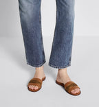 Dway Christian Slide – the upper in camel calfskin and cotton embroidered with the Christian Paris – LUX VERSE Luxury Designer Fashion Outlet