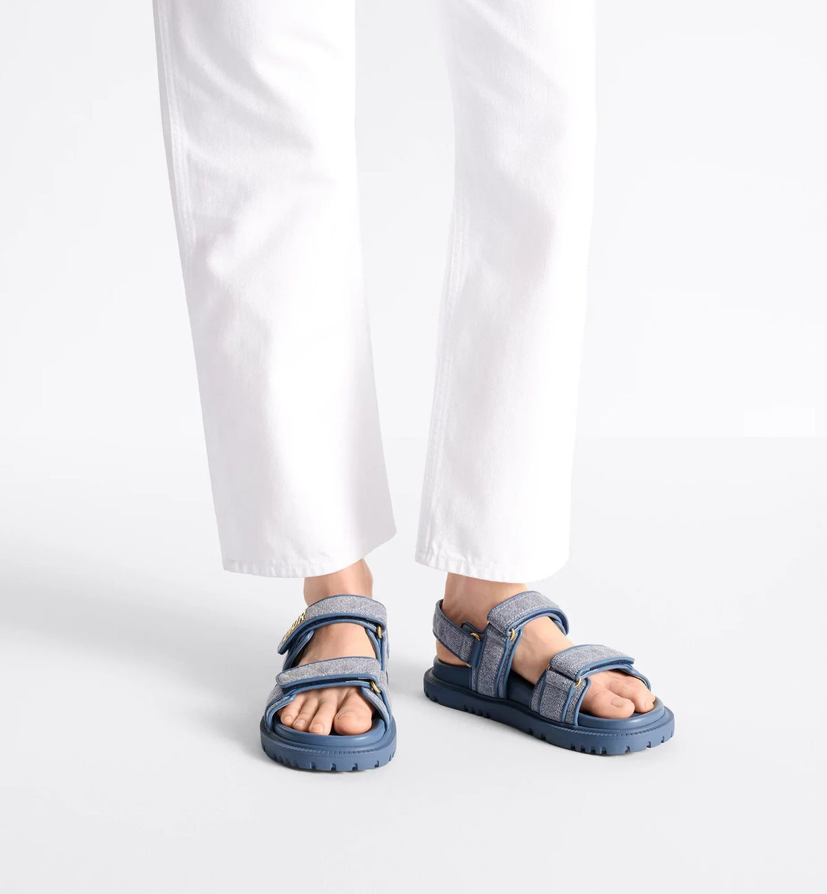 Cannage Denim Sandal – self-fastening straps further enhanced by a gold-finish metal signature on the upper – LUX VERSE Luxury Designer Fashion Outlet