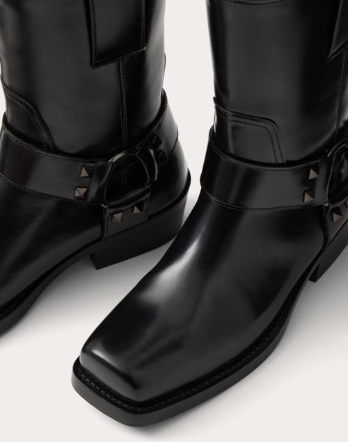 Rockstud Calfskin Biker Ankle Boot 40mm – with accessory and tone-on-tone studs- Heel height: 40mm/1.6"- Shaft height – LUX VERSE Luxury Designer Fashion Outlet