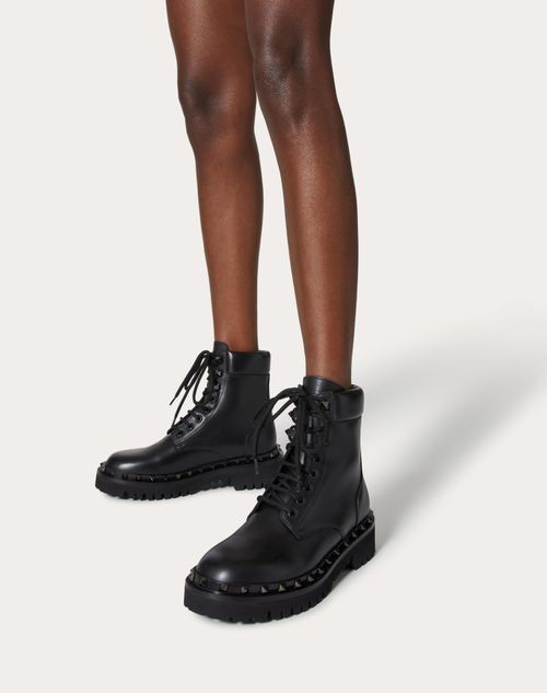 Rockstud Calfskin Combat Boot with Matching Studs 50mm – sole- Heel height: 50 mm / 2 in. with 25 mm / 1 in. platform- Shaft height – LUX VERSE Luxury Designer Fashion Outlet