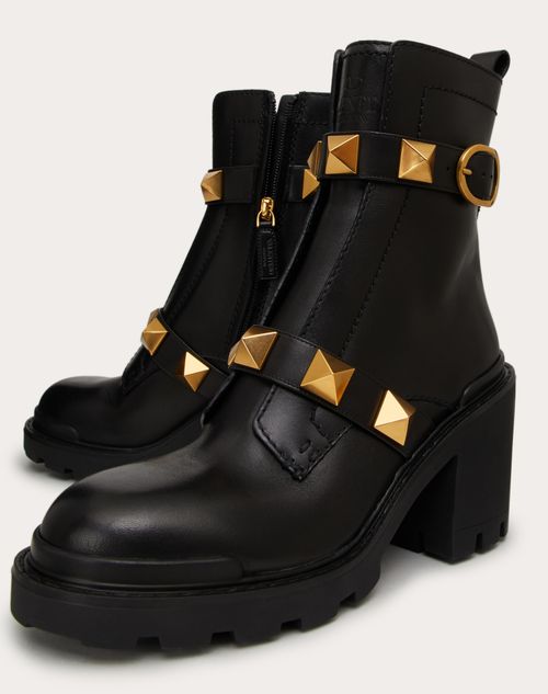 Roman Stud Calfskin Combat Boot 85mm – stud relief design- Side zipper fastening and strap with maxi buckle – LUX VERSE Luxury Designer Fashion Outlet