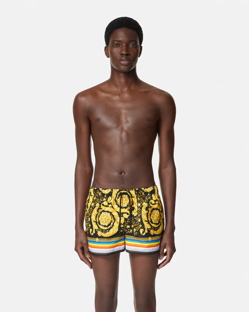 Pride Barocco Swim Shorts – these swim shorts combine the iconic Barocco print with the Progress Pride flag – LUX VERSE Luxury Designer Fashion Outlet