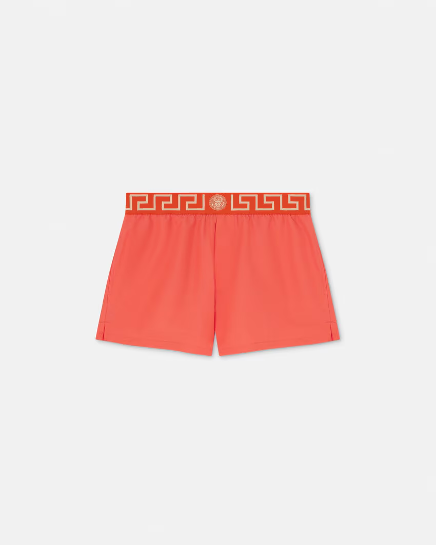 Greca Border Swim Shorts – greca border Medusa motif Lateral pockets Barocco mesh slip lining Elastic waistband – LUX VERSE Luxury Designer Fashion Outlet