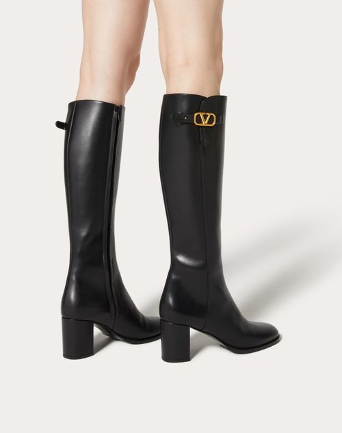 Vlogo Signature Calfskin Boot 70mm – leather sole with non-slip rubber half sole- Leather-covered block heel – LUX VERSE Luxury Designer Fashion Outlet
