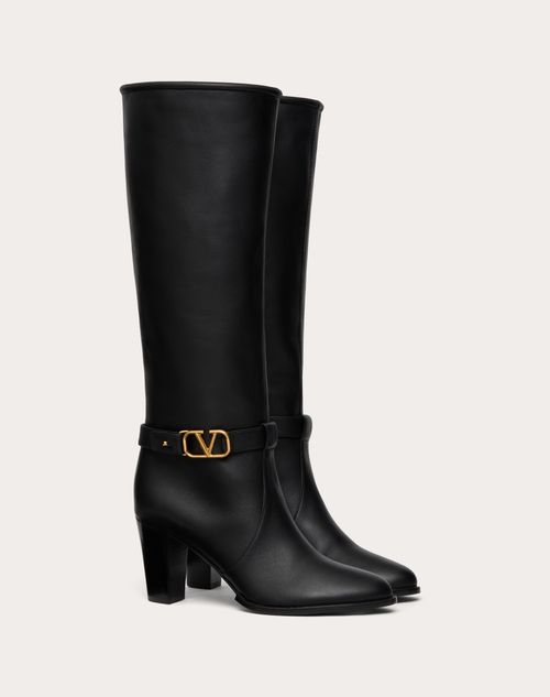 Vlogo Signature Calfskin Boot 75mm – antique-effect brass finish- Internal side zipper- Leather-covered block – LUX VERSE Luxury Designer Fashion Outlet