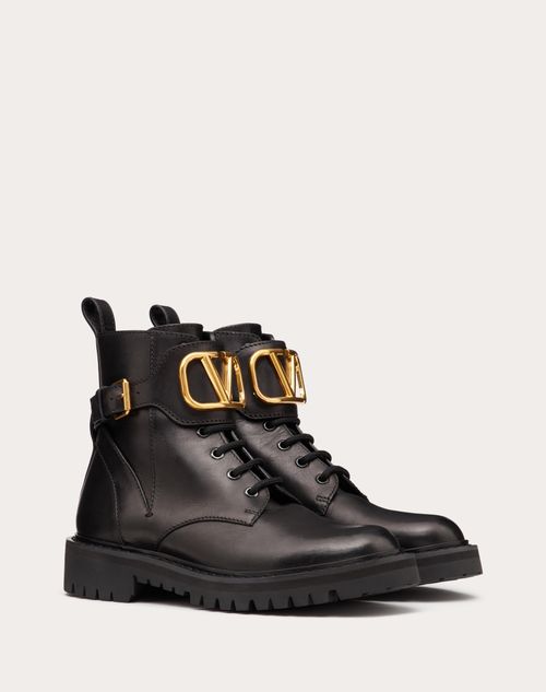 Vlogo Signature Calfskin Combat Boot 35mm /.8 In. – rubber lug sole- Heel height 35mm/0.8"– LUX VERSE Luxury Designer Fashion Outlet
