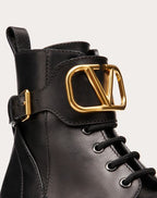 Vlogo Signature Calfskin Combat Boot 35mm /.8 In. – rubber lug sole- Heel height 35mm/0.8"– LUX VERSE Luxury Designer Fashion Outlet