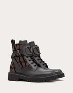 Vlogo Signature Combat Boot in Calfskin and Toile Iconographe 35mm – 1.3 in.- Shaft height: 14 cm / 5.5 in. in an Italian size 37 – LUX VERSE Luxury Designer Fashion Outlet