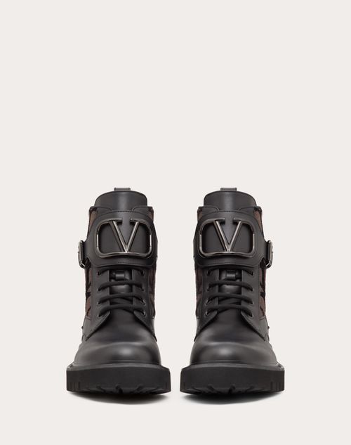 Vlogo Signature Combat Boot in Calfskin and Toile Iconographe 35mm – vLogo Signature accessory with tone-on-tone finish- Rubber lug sole- Heel – LUX VERSE Luxury Designer Fashion Outlet