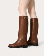Vlogo the Bold Edition Boot in Calfskin 30mm – detail and light gold-finish buckle- Heel height: 30 mm/1.2 in.- Boot – LUX VERSE Luxury Designer Fashion Outlet
