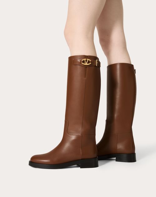 Vlogo the Bold Edition Boot in Calfskin 30mm – detail and light gold-finish buckle- Heel height: 30 mm/1.2 in.- Boot – LUX VERSE Luxury Designer Fashion Outlet