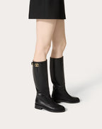 Vlogo the Bold Edition Boot in Calfskin 30mm – detail and light gold-finish buckle- Heel height: 30 mm/1.2 in.- Boot – LUX VERSE Luxury Designer Fashion Outlet