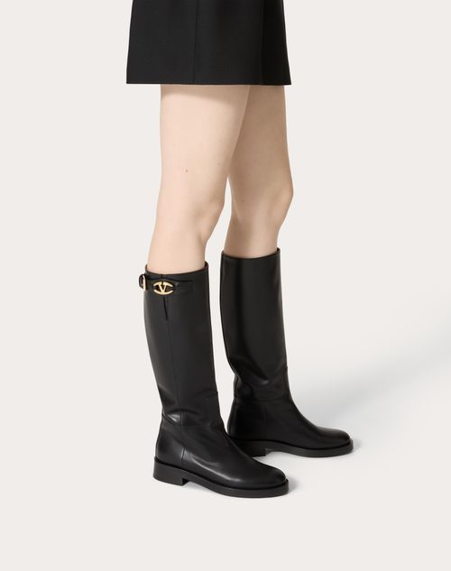 Vlogo the Bold Edition Boot in Calfskin 30mm – detail and light gold-finish buckle- Heel height: 30 mm/1.2 in.- Boot – LUX VERSE Luxury Designer Fashion Outlet