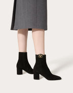 Vlogo the Bold Edition Suede Ankle Boot 70mm – light gold tone finish- Suede-covered block heel- Heel height: 70 mm / – LUX VERSE Luxury Designer Fashion Outlet