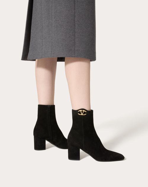 Vlogo the Bold Edition Suede Ankle Boot 70mm – light gold tone finish- Suede-covered block heel- Heel height: 70 mm / – LUX VERSE Luxury Designer Fashion Outlet