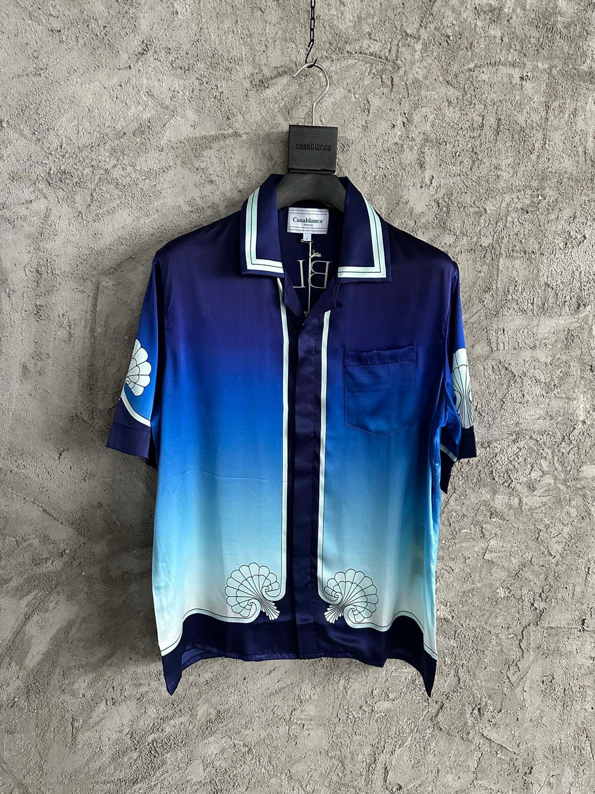 Blaues Seiden-Gradienten-Print Kurzarmhemd – Herren