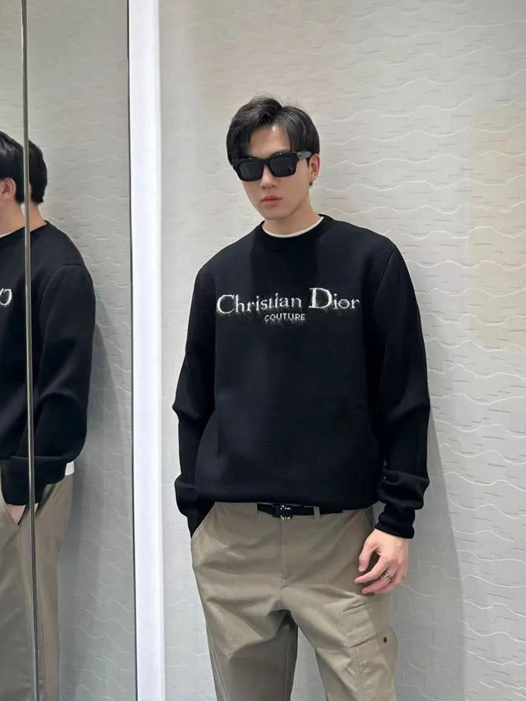Rundhals-Pullover aus schwarzer Wolle mit Textlogo – Herren