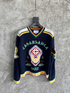 Navy Wollpullover mit Rundhalsausschnitt und Wappen-Intarsie – Herren
