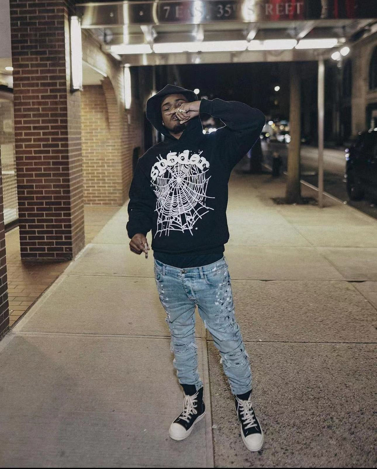 Black Cotton Web Graphic Pullover - Men's
