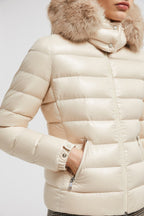 Badyf Short Down Jacket – in a play on textures, the glossy puffer is embellished with a synthetic fabric trim – LUX VERSE Luxury Designer Fashion Outlet