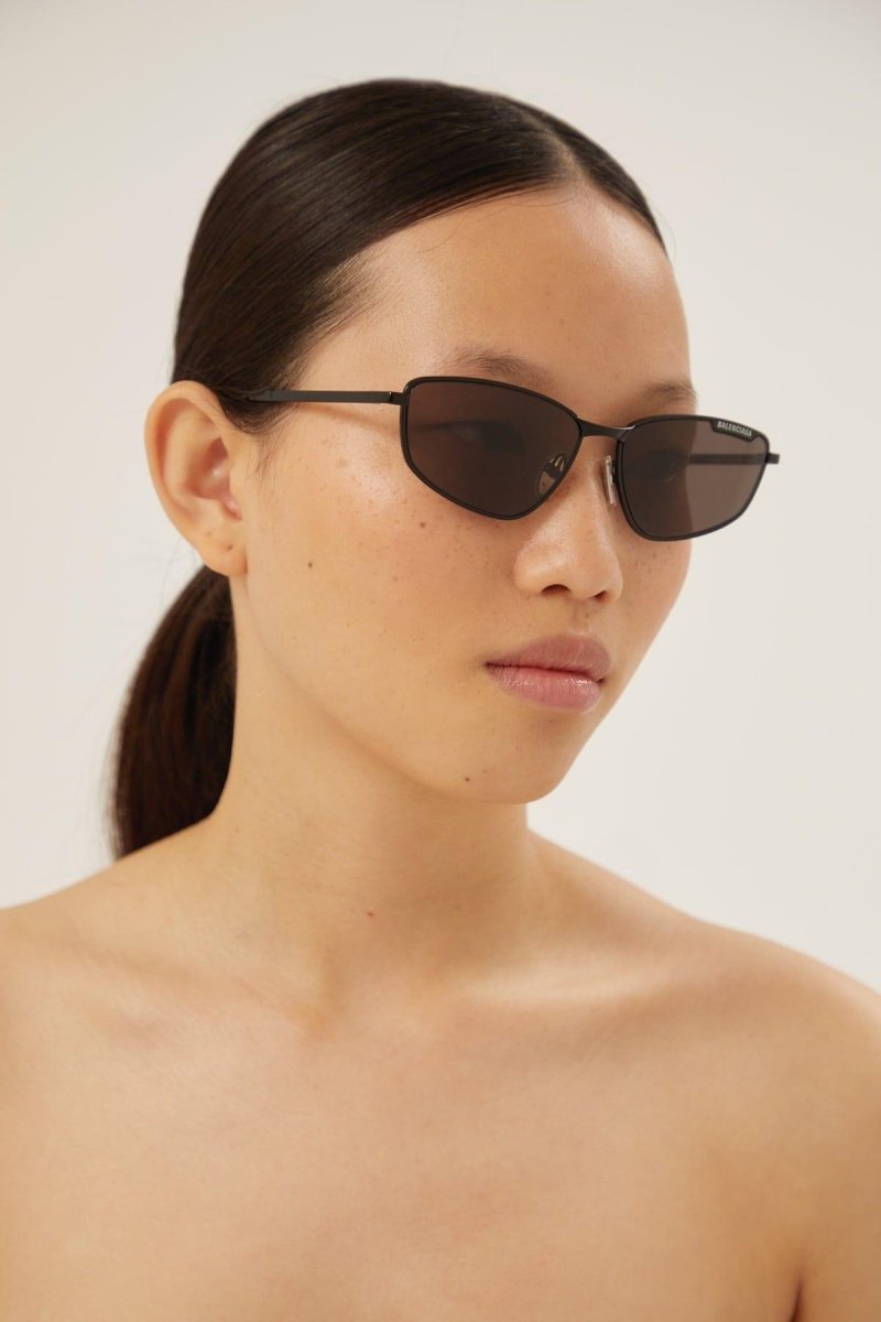 Black metal cat eye sunglasses – metal shade featuring"TAG"concept with lasered lettering – LUX VERSE Luxury Designer Fashion Outlet
