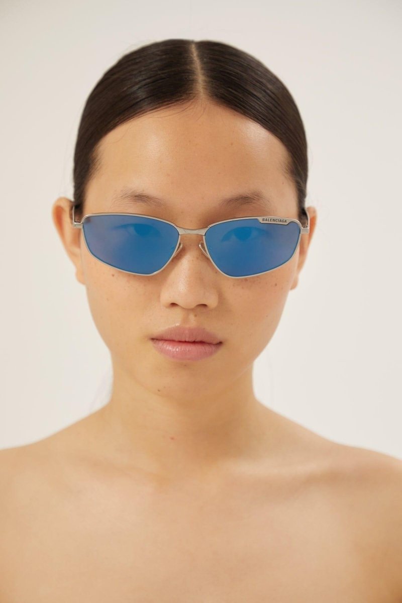 Blue metal cat eye sunglasses – metal shade featuring"TAG"concept with lasered lettering – LUX VERSE Luxury Designer Fashion Outlet