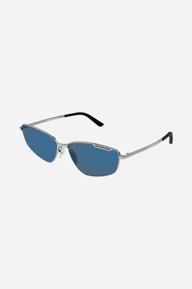 Blue metal cat eye sunglasses – metal shade featuring"TAG"concept with lasered lettering – LUX VERSE Luxury Designer Fashion Outlet