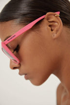 Cat-eye femenine pink sunglasses – logo in color contrast on left temple – LUX VERSE Luxury Designer Fashion Outlet