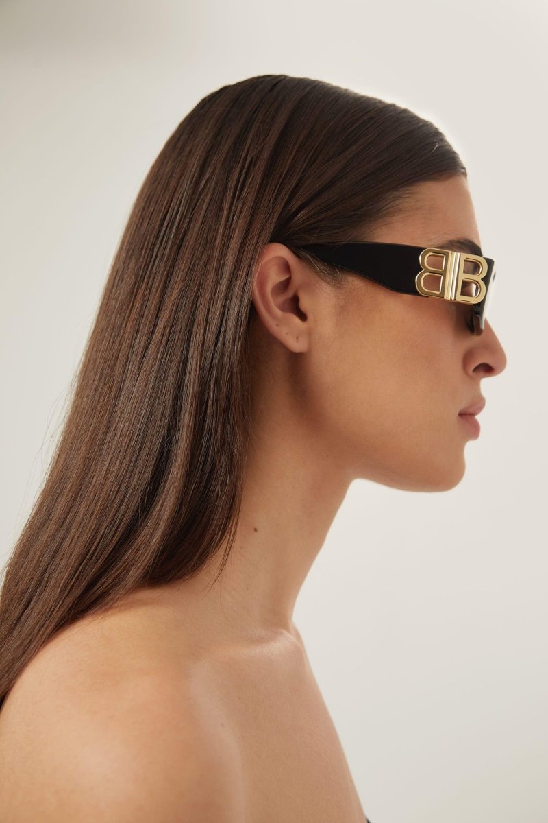 Dynasty black sunglasses featuring BB gold logo – featured on Show: statement Sunglasses in acetate with bold outlook yet slim – LUX VERSE Luxury Designer Fashion Outlet