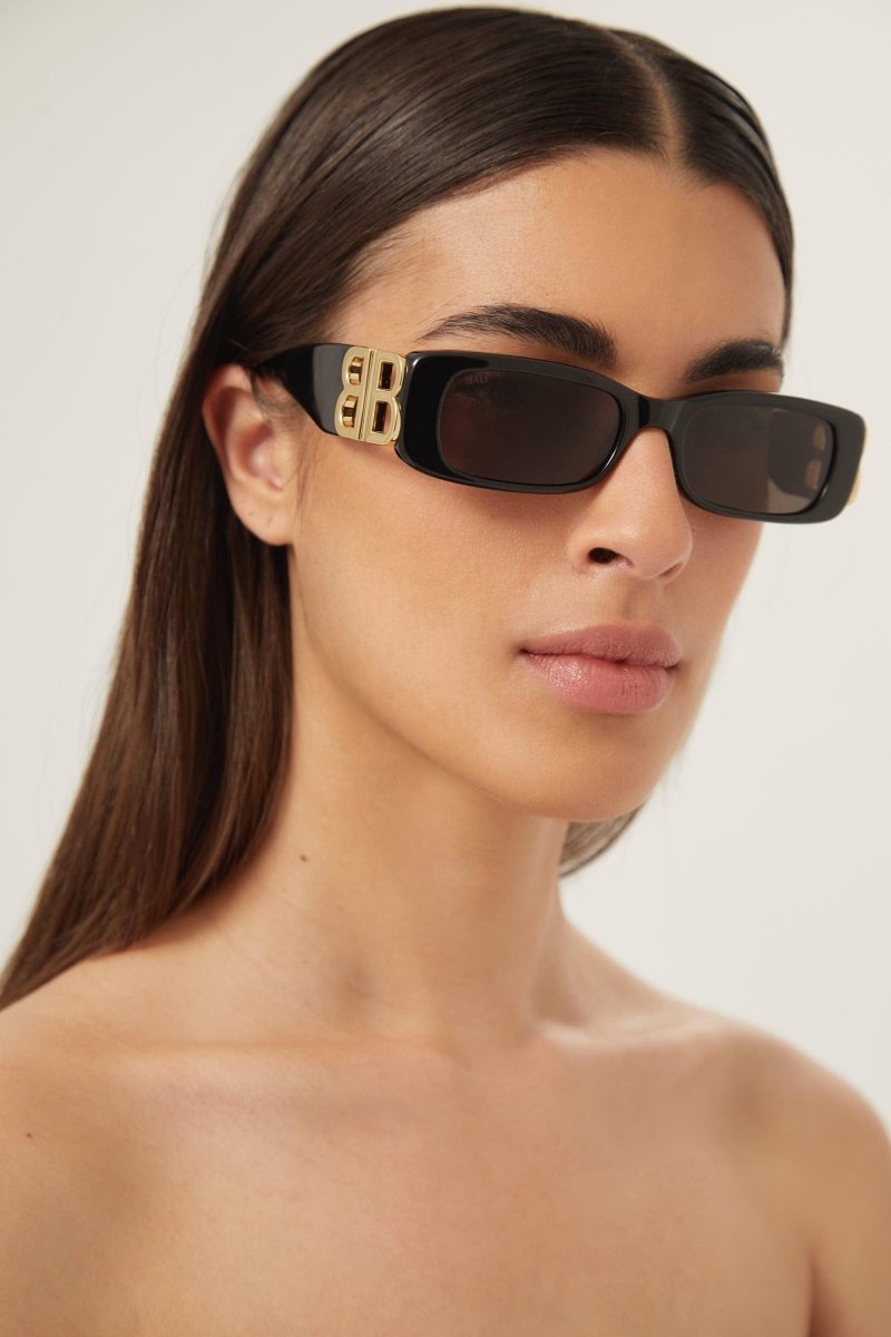 Dynasty black sunglasses featuring BB gold logo – featured on Show: statement Sunglasses in acetate with bold outlook yet slim – LUX VERSE Luxury Designer Fashion Outlet