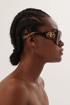 Havana bold sunglasses with BB logo – kicked-up signature curvy temples Extreme BB logo statement on metal plaque applied – LUX VERSE Luxury Designer Fashion Outlet