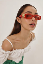Micro red sunglasses featuring BB logo – oversize square archetype shape – LUX VERSE Luxury Designer Fashion Outlet