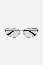 Silver metal cat eye sunglasses – metal shade featuring"TAG"concept with lasered lettering – LUX VERSE Luxury Designer Fashion Outlet