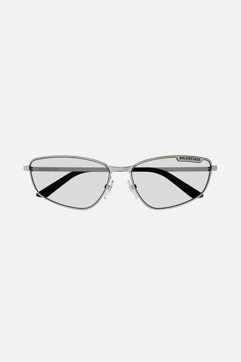 Silver metal cat eye sunglasses – metal shade featuring"TAG"concept with lasered lettering – LUX VERSE Luxury Designer Fashion Outlet