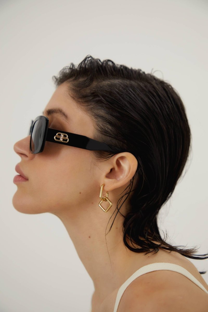 Slim rectangular black sunglasses – laser logo with white enamel on left temple – LUX VERSE Luxury Designer Fashion Outlet