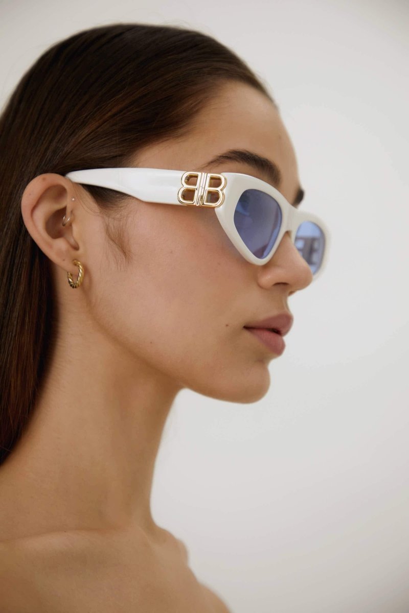 White cat-eye BB sunglasses – logo lasered on right lens – LUX VERSE Luxury Designer Fashion Outlet