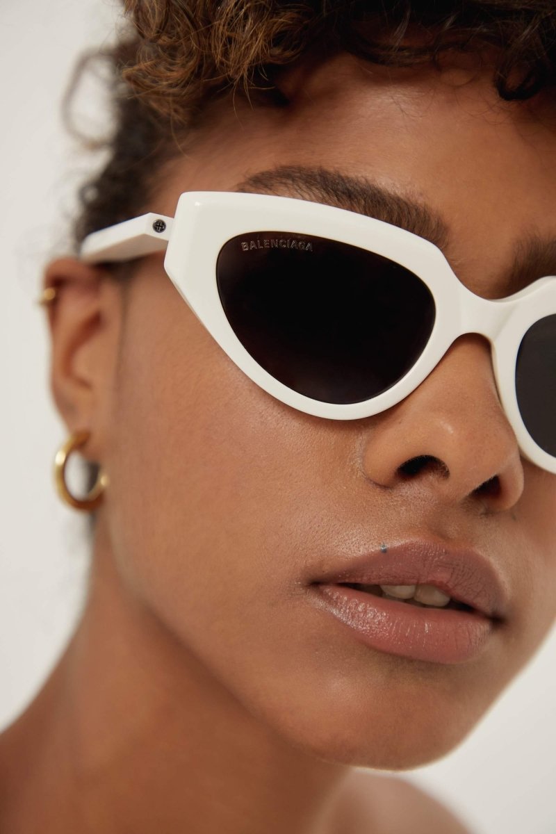 White cat eye sunglasses with black logo – reverse Cat shape – LUX VERSE Luxury Designer Fashion Outlet