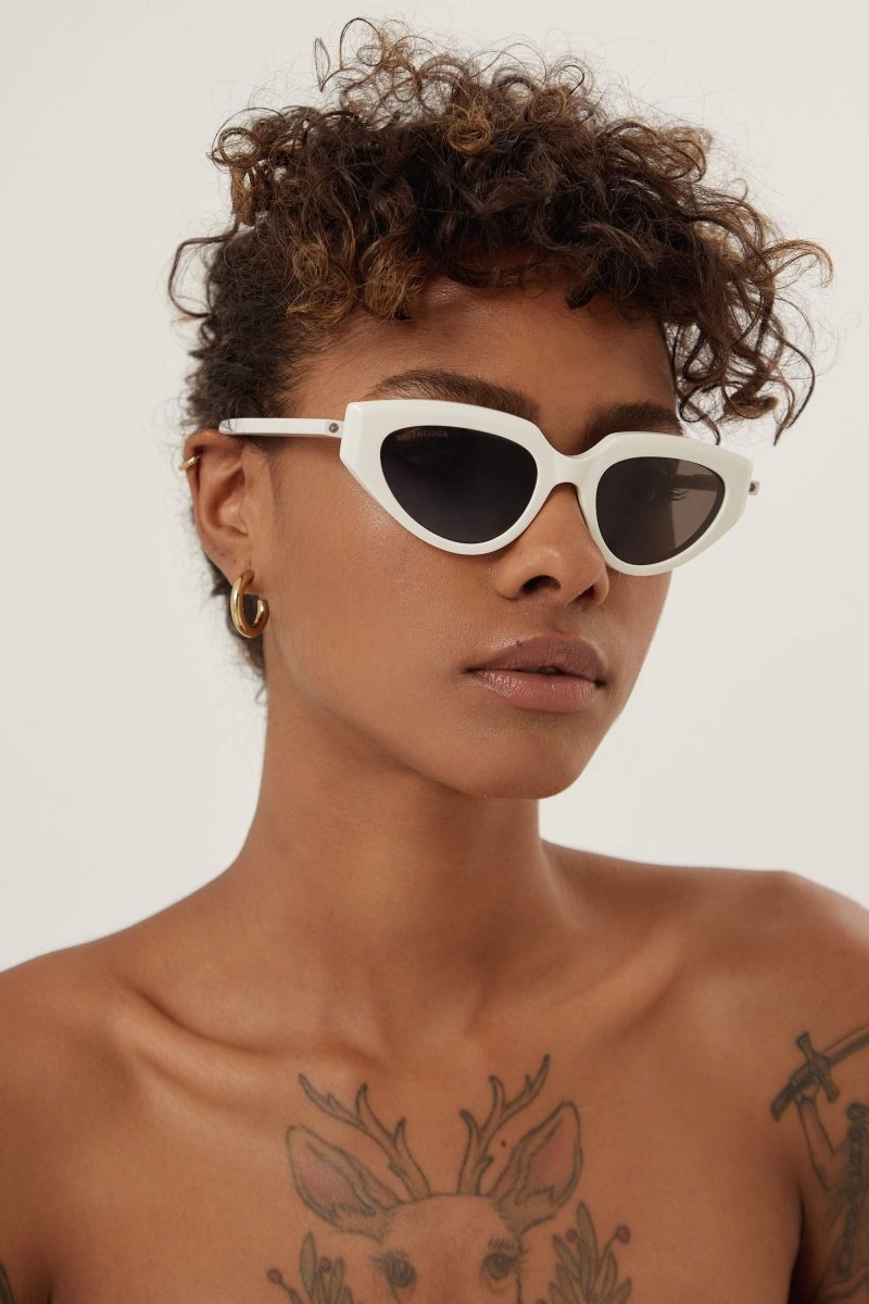 White cat eye sunglasses with black logo – acetate front with injected temples – LUX VERSE Luxury Designer Fashion Outlet