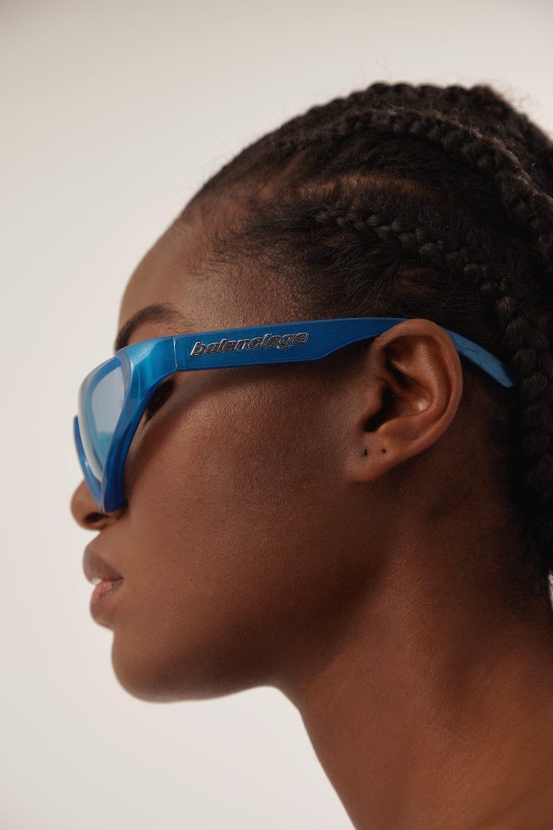 Xpander blue BB0202s-003 wrap around sunglasses – lenses are set atop curved, bio injected frames, as opposed to inside or behind them – LUX VERSE Luxury Designer Fashion Outlet