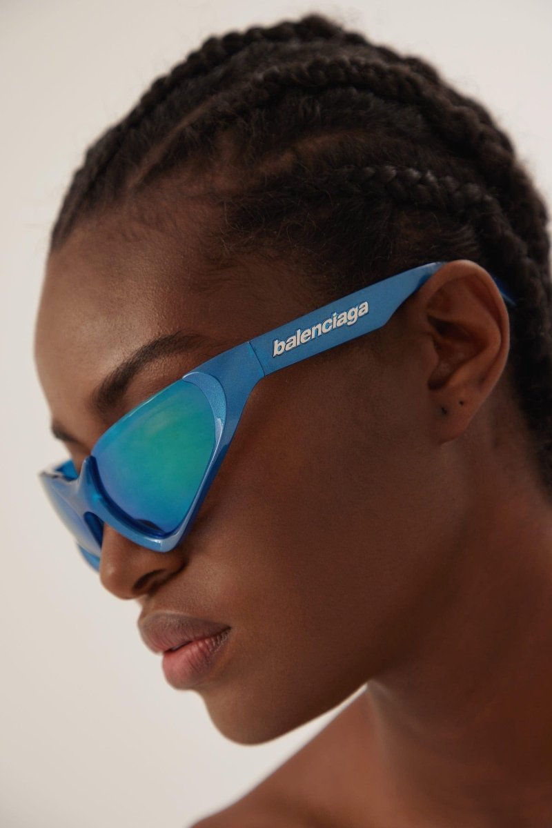 Xpander blue BB0202s-003 wrap around sunglasses – high relief metallic logo is prominently stamped on the middle of – LUX VERSE Luxury Designer Fashion Outlet