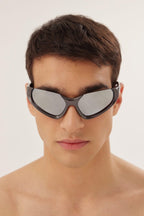 Xpander silver BB0202s-002 wrap around sunglasses – lenses are set atop curved, bio injected frames, as opposed to inside or behind them – LUX VERSE Luxury Designer Fashion Outlet