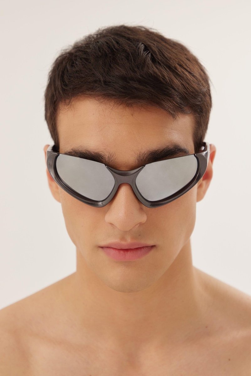 Xpander silver BB0202s-002 wrap around sunglasses – lenses are set atop curved, bio injected frames, as opposed to inside or behind them – LUX VERSE Luxury Designer Fashion Outlet